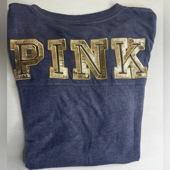 PINK Victoria Secret Blue Short Sleeve Tshirt with Gold Seqins on back. Size XS - Picture 1 of 5